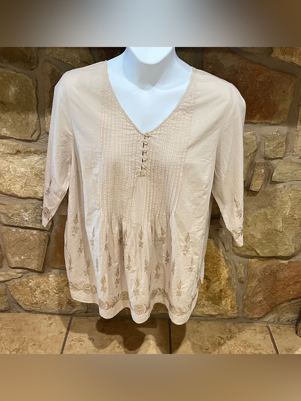 Catherines Light Cotton Blouse 14W/16W Khaki Pleating Buttons Embroidery Detail
